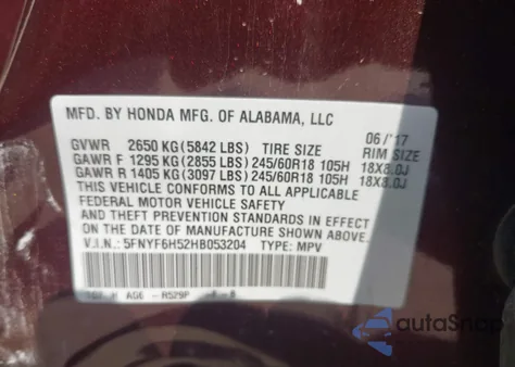 2017 Honda Pilot Ex-L из США, поврежденный, VIN 5FNYF6H52HB053204